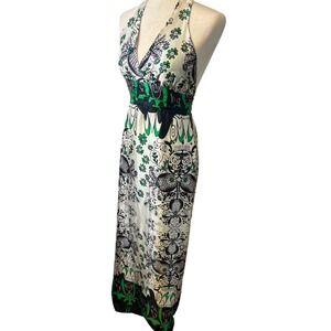 LulaKate Halter‎ Maxi Dress Floral Print 100% Silk Green Black White Size 0